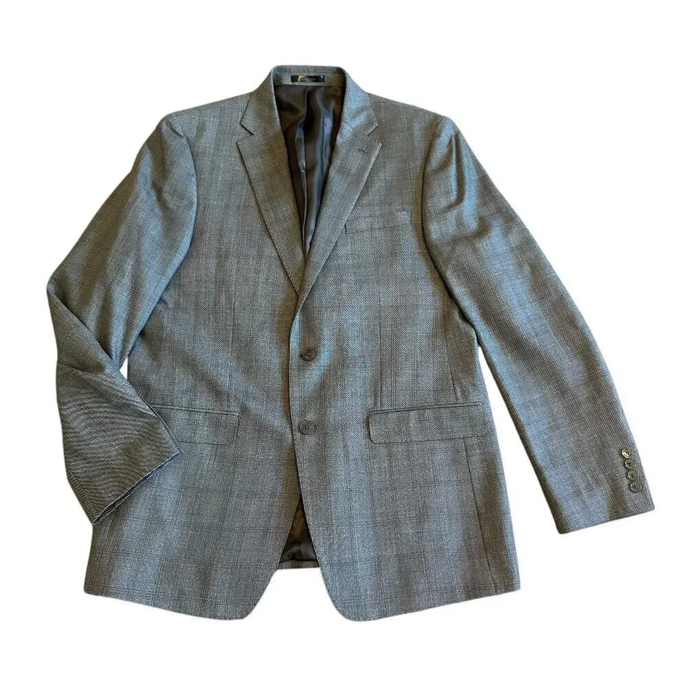 Calvin Klein Silk Wool Button-Down Blazer Jacket Sport Coat Grey Check Size 44L